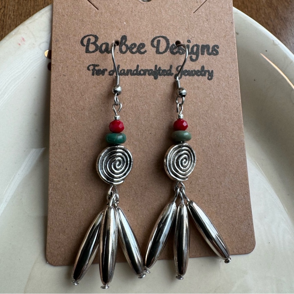 Southwest Style Earrings with Genuine Turquoise & Red Bead Accents - Handmade - Picture 2 of 4